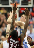 North Carolina F Hansbrough shoots over Virginia Tech F Thompson