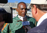 Miami Hurricanes Head Coach Randy Shannon talks with the media after the game