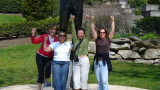 Carolyn, Helen, Kathleen, and Cindy imitate Rocky statue (cut off at the waist.)