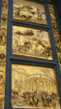 Ghiberti used mathematics to create the illusion of receding distance on a flat surface.