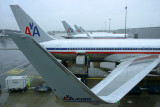 AA tails and winglets in a rainy JFK