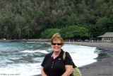August 2010 - Karen on the black sand beach at Hana, Maui