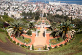 The Bahai Gardens in Haifa. Haifa and the Mediterranean Sea are in the background.