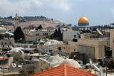 Muslim Quarter of the Old City: From the top of the Old City Wall. Also seen - Dome of the Rock and the Mount of Olives