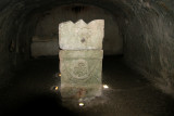 Bet She’arim: Sarcophagus with a carved bird & another animal - in the catacombs of the Cave of the Coffins in the necropolis.