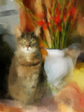 Cat With Pitcher Of Gladiolas