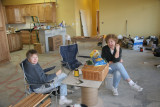 Carol and Darlene take a lunch break at our fancy cement board on wire spool dining table