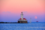 Lake Michigan Chicago Harbor Lighthouse from Navy Pier, sunset, moonrise, Chicago