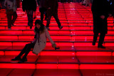On the red stairs