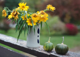 Vase of Little Sunflowers on Rail with Tiny Green Pumpkins