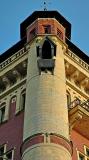 Building on the Vltava at sunset