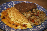 Chorizo and Cheddar Omelet, Homefries and Wholegrain Toast