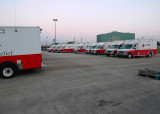 RED CROSS EMERGENCY VEHICLES, LINED UP AND READY TO GO