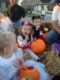 getting their first taste of candy for the night , on the hay ride