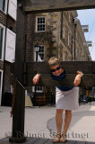 Tourist Pilloried in wooden stocks in Old Halifax Nova Scotia
