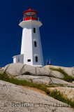 Peggys Cove white lighthouse against a blue sky with mother and daughter tourists