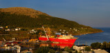 Deep Pioneer ship in Bay Bulls Newfoundland port at sunset