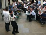 Violinst and Flutist <br>playing to the crowd