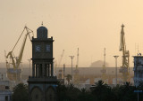 The citys historic clock tower in front of the port