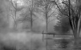 Heavy fog on a small farm pond.