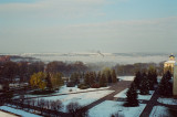 View on Kamianets Podilskyi Castle from hotel room - morning fog