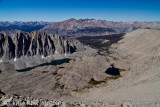 View on way down from Mt. Whitney.  Guitar Lake and one of the Hitchcock Lakes.  Kaweah Mountains beyond.