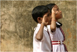 Schoolchildren saluting the indian flag-Puri
