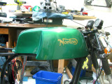1057 Gas tank fresh from the painter (front fender and headlight shell are the same color)