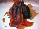 seared duck breast, pea puree, double smoked bacon and beetroot