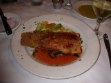 Pecan-Crusted Mountain Trout - Spinach & butternut gratinee, cranberry reduction, chefs vegetables