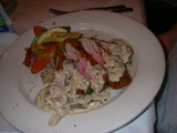 Panko-Scallion & Ginger-Crusted Tuna - Wild rice, stir-fried vegetables & shitake mushroom cream sauce.