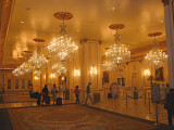 The hotel lobby with ornate crystal chandeliers in the Paris Casino Resort.