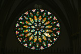 The spectacular front stained glass window in a Rosetta pattern.