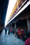 Inside Jokhang Temple, pilgrims lined up to get into the inner chambers.