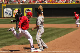 Cincinnati Reds center fielder Willie Taveras crosses 1st base