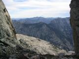 Grey Rock pass, the correct notch into Papoose Lake from Canyon Creek. Mt Shasta in distance, Kalmia lake on closer ridge.