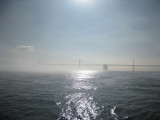 Golden Gate bridge shrouded in morning fog