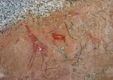 San bushmen paintings at a private farm in Namibia. Shards of pottery found here were dated in the U.S. and est 2000 yrs old