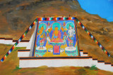 Mural showing a giant thangka painting unrolled on the festival thangka wall