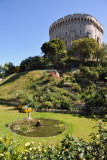 The Round Tower built on a mound. The moat is now a garden