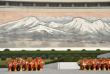 Mosaic of Mount Paektu behind the statue of Kim Il Sung