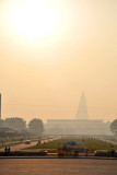 Late afternoon sun with the Ryugyong Hotel from the Monument to Party Founding