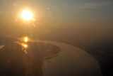 Sunset over the Irrawaddy River taking off from Bagan Airport