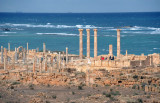The Forum of Sabrathas tallest colums standing out against the blue Mediterranean Sea