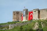 Citadel of Seluk with Turkish flags and Ataturks portrait