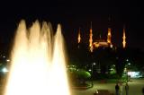 Sultanahmet Mosque with fountain at night