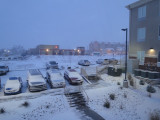 early morning snow, my car far left