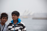 Two boys on ferry with Sydney Opera House backdrop