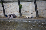 Tent of homeless person on banks of Seine in Paris