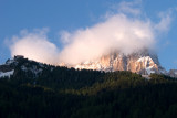 The top of the Ciampinoi lift and a cloudy, snowy Sassolungo